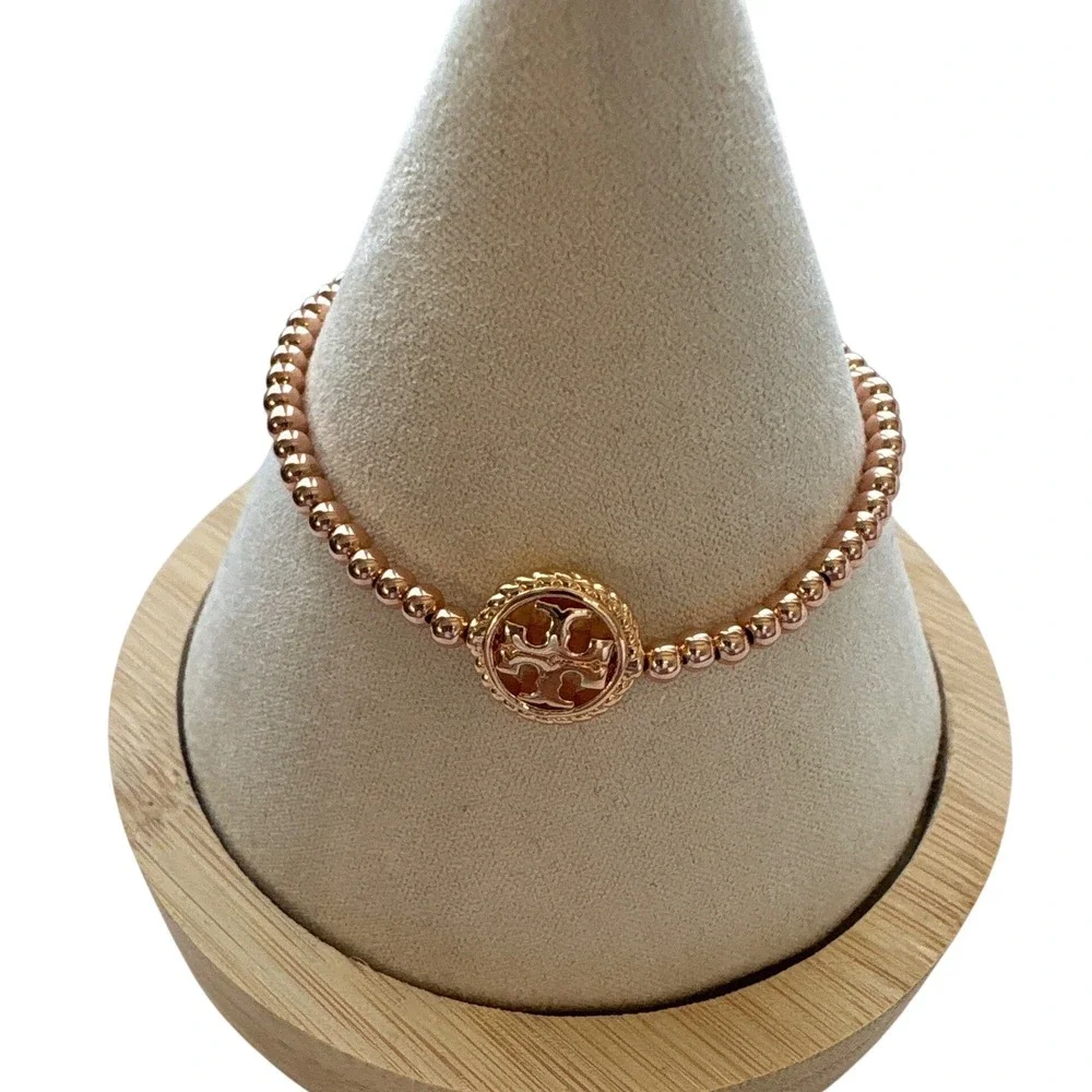 Tory Burch Miller Rose Gold Tone Pave Beaded Slider Bracelet Adjustable NEW